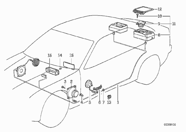 Детали стереосистемы для BMW E36 M3 3.2 S50 (схема запчастей)