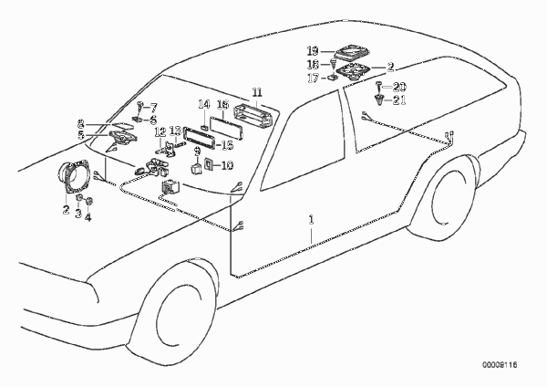 Детали стереосистемы для BMW E34 520i M50 (схема запчастей)