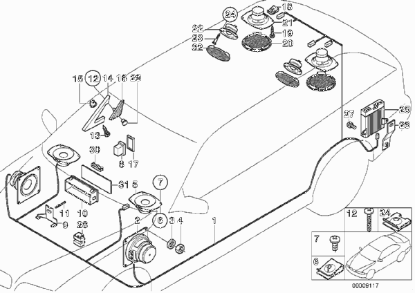 Детали системы HiFi для BMW E34 525td M51 (схема запчастей)