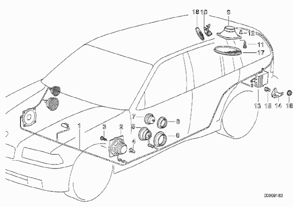 Детали системы HiFi для BMW E36 318i M43 (схема запчастей)