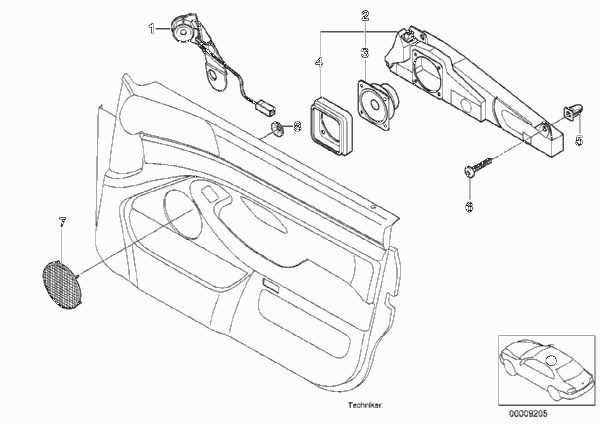 Детали стереосистемы на Пд двери для BMW E39 535i M62 (схема запчастей)