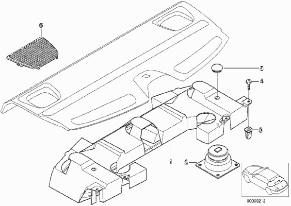 Детали блока сабвуфера системы Top-HiFi для BMW E39 540i M62 (схема запчастей)