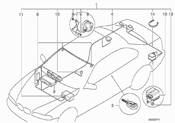 Система сигнализации для BMW E39 540i M62 (схема запчастей)
