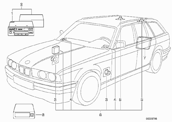 Аудиосистема с CD-чейнджером для BMW E34 525i M50 (схема запчастей)