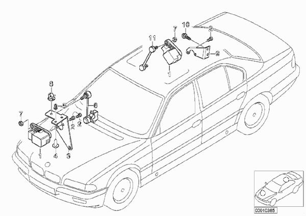 Датчик регулировки угла наклона фар для BMW E38 750i M73 (схема запчастей)