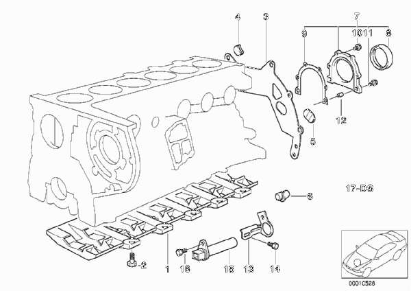 Блок цилиндров/дополнительные элементы для BMW E34 525tds M51 (схема запчастей)