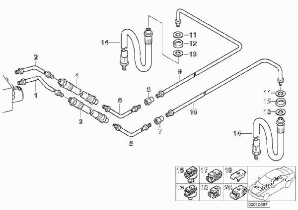 Трубопровод тормоз.привода Зд с ASC/DSC для BMW E39 525tds M51 (схема запчастей)