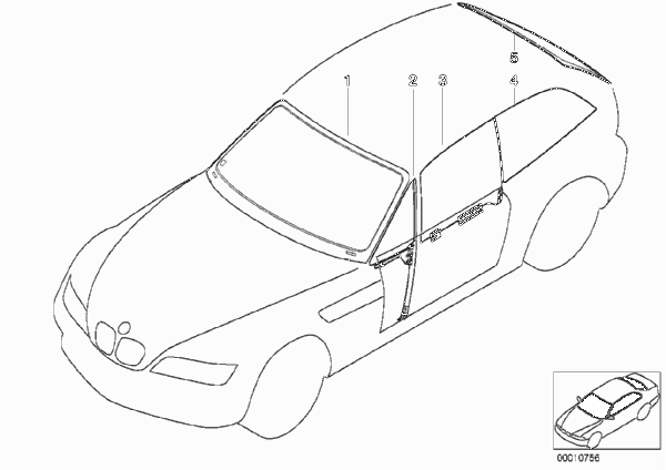 Остекление для BMW Z3 Z3 M3.2 S54 (схема запчастей)
