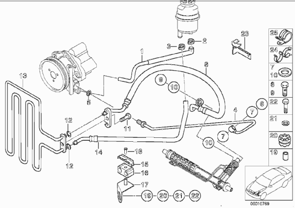 Маслопроводы гидроусилителя рул.управл. для BMW E39 525td M51 (схема запчастей)