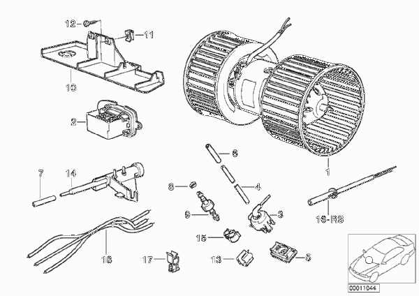 Электрические детали отопителя для BMW E34 518i M43 (схема запчастей)