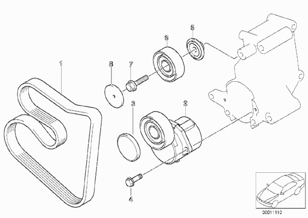 Ременный привод водяной помпы/генератора для BMW Z3 Z3 1.9 M44 (схема запчастей)