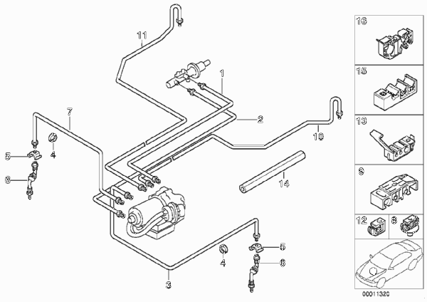 Трубопровод тормозн.привода Пд ABS/ASC+T для BMW E36 323i M52 (схема запчастей)