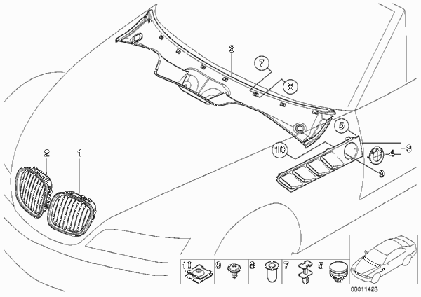 Наружные накладки / декоративные решетки для BMW Z3 Z3 1.8 M43 (схема запчастей)