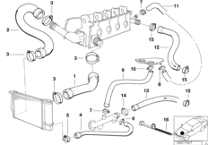 Водяной шланг системы охлаждения для BMW E34 518i M43 (схема запасных частей)
