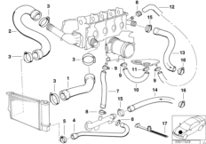 Водяной шланг системы охлаждения для BMW E36 318i M43 (схема запасных частей)