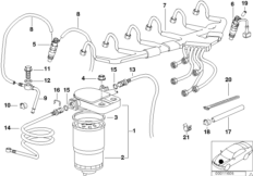 Система впрыска, дизельный двигатель для BMW E38 725tds M51 (схема запасных частей)
