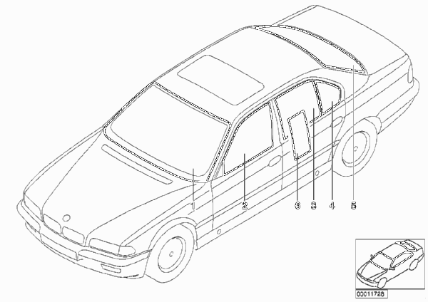 Остекление для BMW E38 750i M73N (схема запчастей)