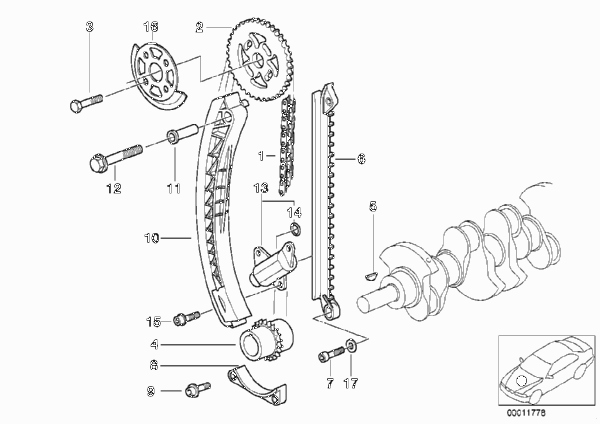 Приводная цепь механ.газораспределения для BMW E46 316i 1.6 M43 (схема запчастей)