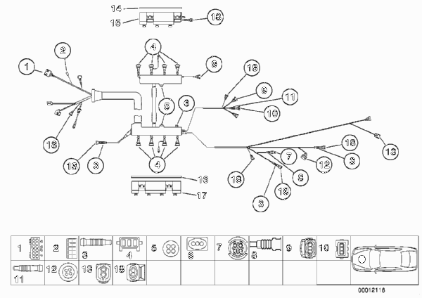 Детали жгута проводов модуля двигателя для BMW E39 540iP M62 (схема запчастей)