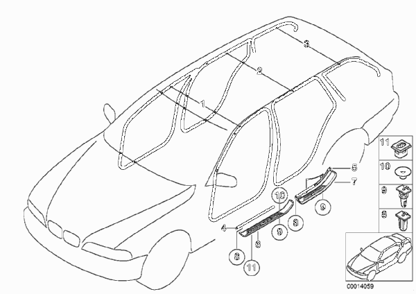 Защитная окантовка/накладка порога для BMW E39 525tds M51 (схема запчастей)
