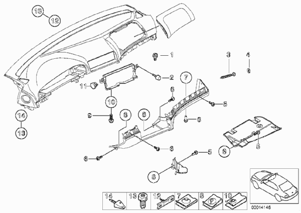 Доп.элементы панели приборов для BMW E39 M5 S62 (схема запчастей)