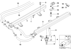 Клапаны/трубопроводы системы впрыска для BMW E38 750iLP M73N (схема запасных частей)