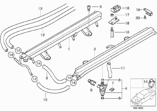 Клапаны/трубопроводы системы впрыска для BMW E38 L7 M73N (схема запчастей)