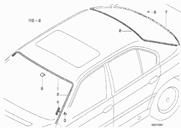 Остекление, дополнительные элементы для BMW E38 740d M67 (схема запчастей)