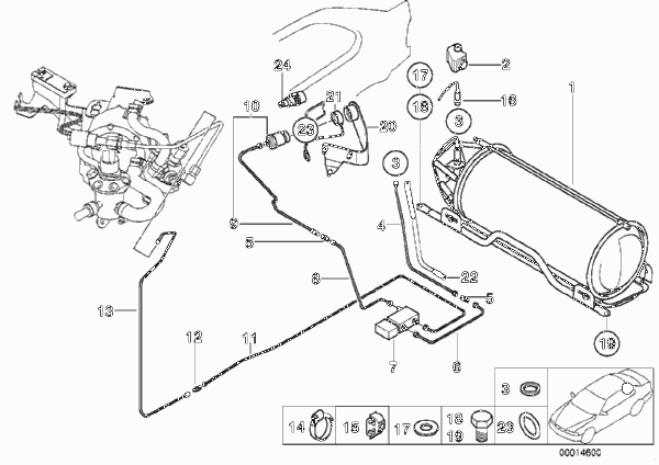 Газовый баллон/ напорный трубопровод для BMW E36 316g M43 (схема запчастей)