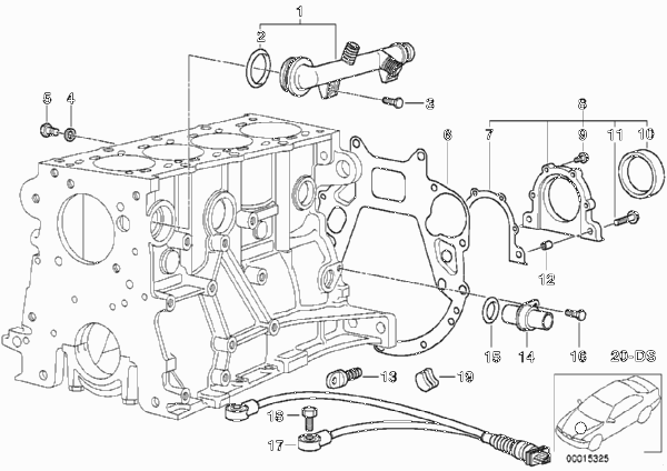 Блок цилиндров/дополнительные элементы для BMW E36 316i 1.9 M43 (схема запчастей)