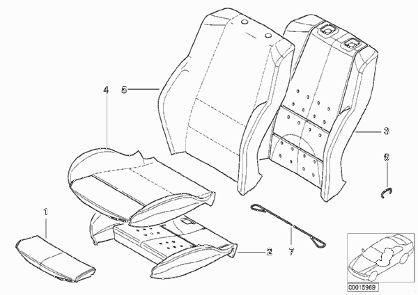 Набивка и обивка спортивного пер.сиденья для BMW E46 316Ci N45 (схема запчастей)