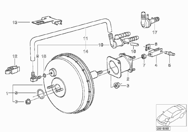 Вакуумный усилитель тормозов для BMW E34 M5 3.8 S38 (схема запчастей)