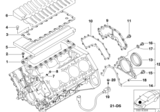 Блок цилиндров/дополнительные элементы для BMW E38 735i M62 (схема запасных частей)