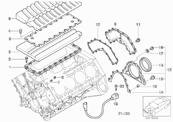 Блок цилиндров/дополнительные элементы для BMW E38 735i M62 (схема запчастей)