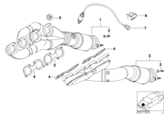 Выпускной коллектор с катализатором для BMW E39 540iP M62 (схема запасных частей)