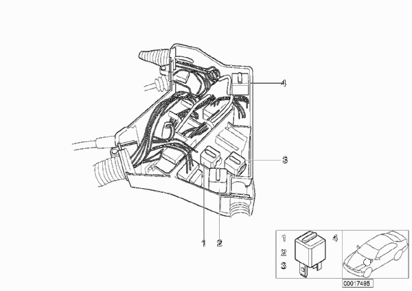 Расположение реле в моторном отсеке для BMW E36 316i 1.9 M43 (схема запчастей)