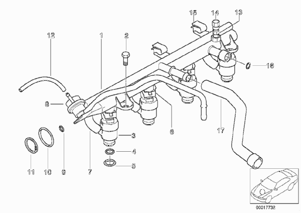 Система впрыска/форсунка для BMW E46 316i 1.6 M43 (схема запчастей)