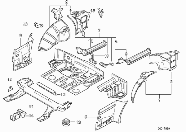 Пол багажника/брызговик Зд для BMW E36 316i 1.6 M43 (схема запчастей)