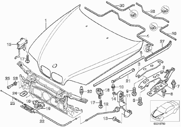Капот/дополнительные элементы для BMW E39 520d M47 (схема запчастей)