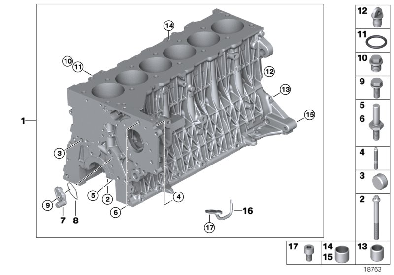 Блок-картер двигателя для BMW E53 X5 3.0d M57 (схема запчастей)