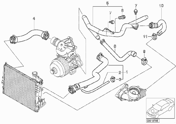 Водяной шланг системы охлаждения для BMW E38 730d M57 (схема запчастей)
