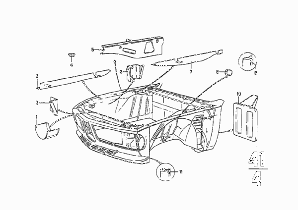 детали передка кузова для BMW E9 3.0CSi M30 (схема запчастей)