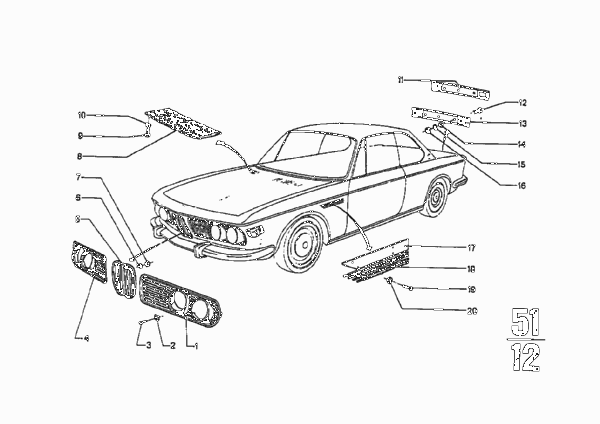 Наружные накладки / декоративные решетки для BMW E9 3.0CSL M30 (схема запчастей)