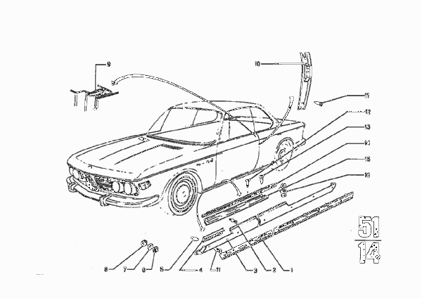 Декоративные планки для BMW E9 3.0CS M30 (схема запчастей)