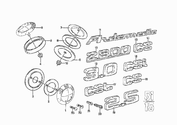 Эмблемы / надписи для BMW E9 3.0CS M30 (схема запчастей)