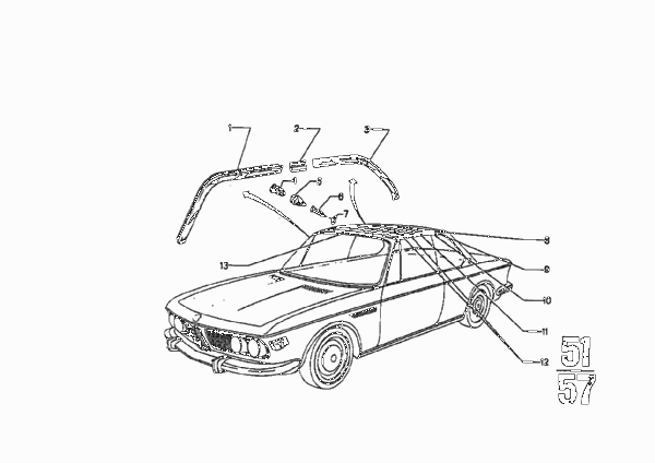 Облицовка крыши-потолок/поручень для BMW E9 3.0CS M30 (схема запчастей)