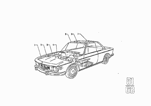 звукоизоляция для BMW E9 3.0CS M30 (схема запчастей)