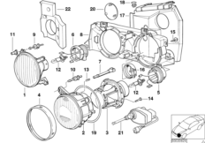 Детали фары для BMW E34 518i M43 (схема запасных частей)