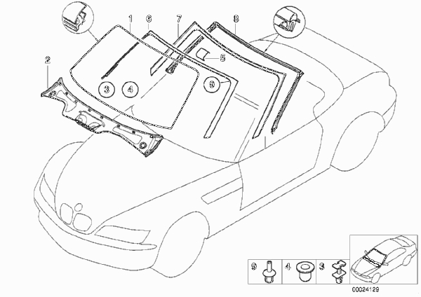 Остекление, дополнительные элементы для BMW Z3 Z3 1.9 M43 (схема запчастей)