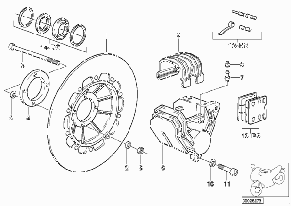 Тормозной механизм перед.колеса 1-й диск для BMW 2472 R 65 RT SF 0 (схема запчастей)